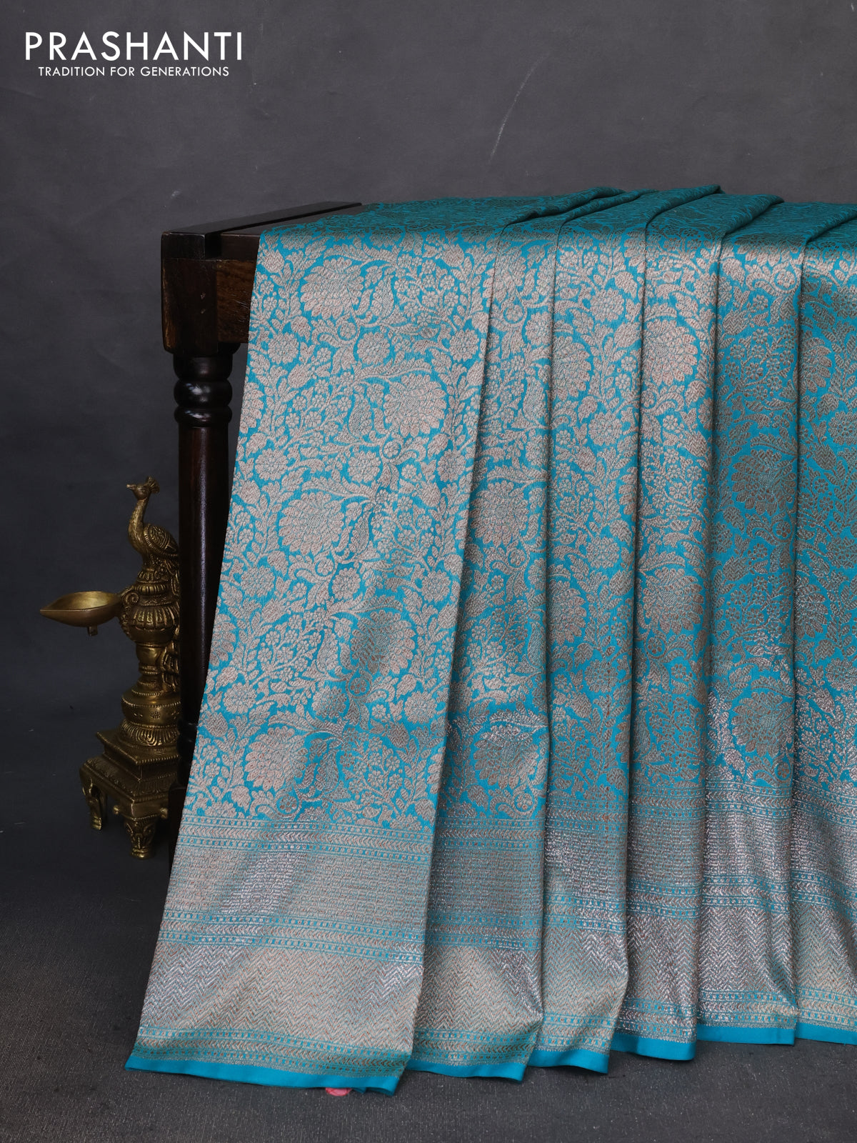Banarasi semi katan saree teal blue with allover thread & zari woven brocade weaves and woven border