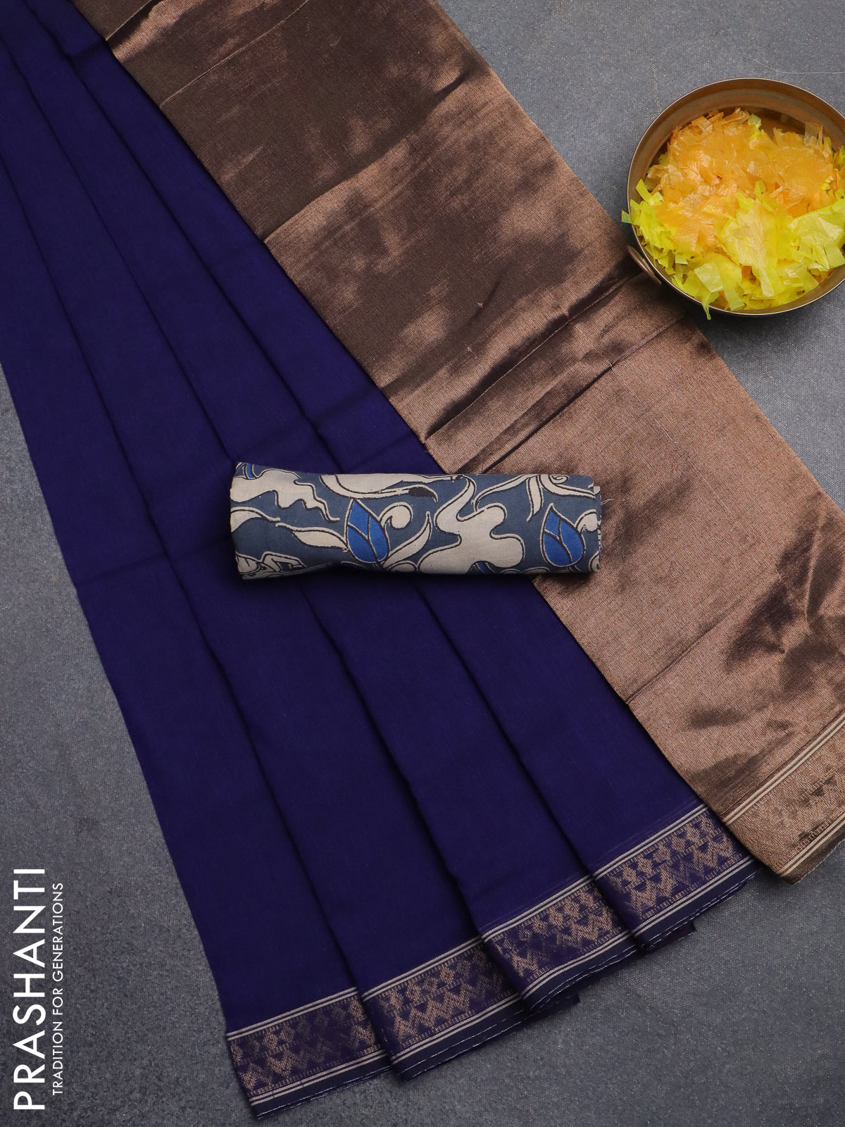 Bengal soft cotton saree blue and bluish grey with plain body and zari woven border