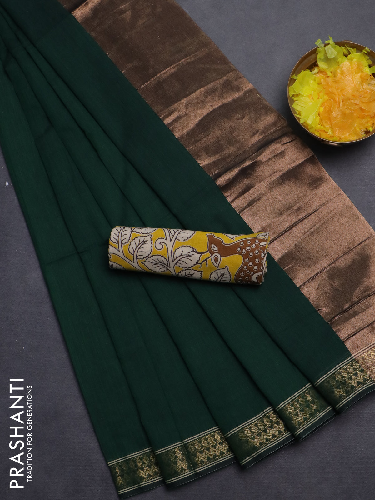 Bengal soft cotton saree green and yellow with plain body and zari woven border