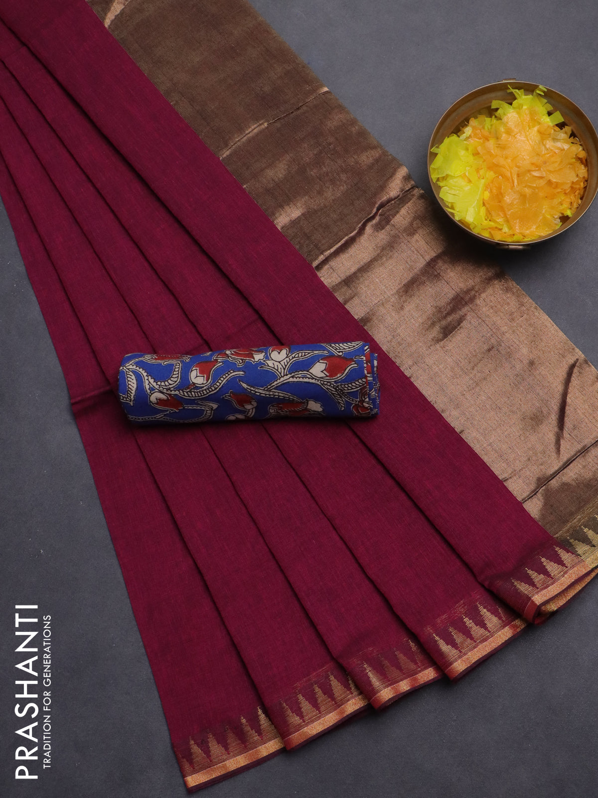 Bengal soft cotton saree magenta pink and blue with plain body and zari woven border