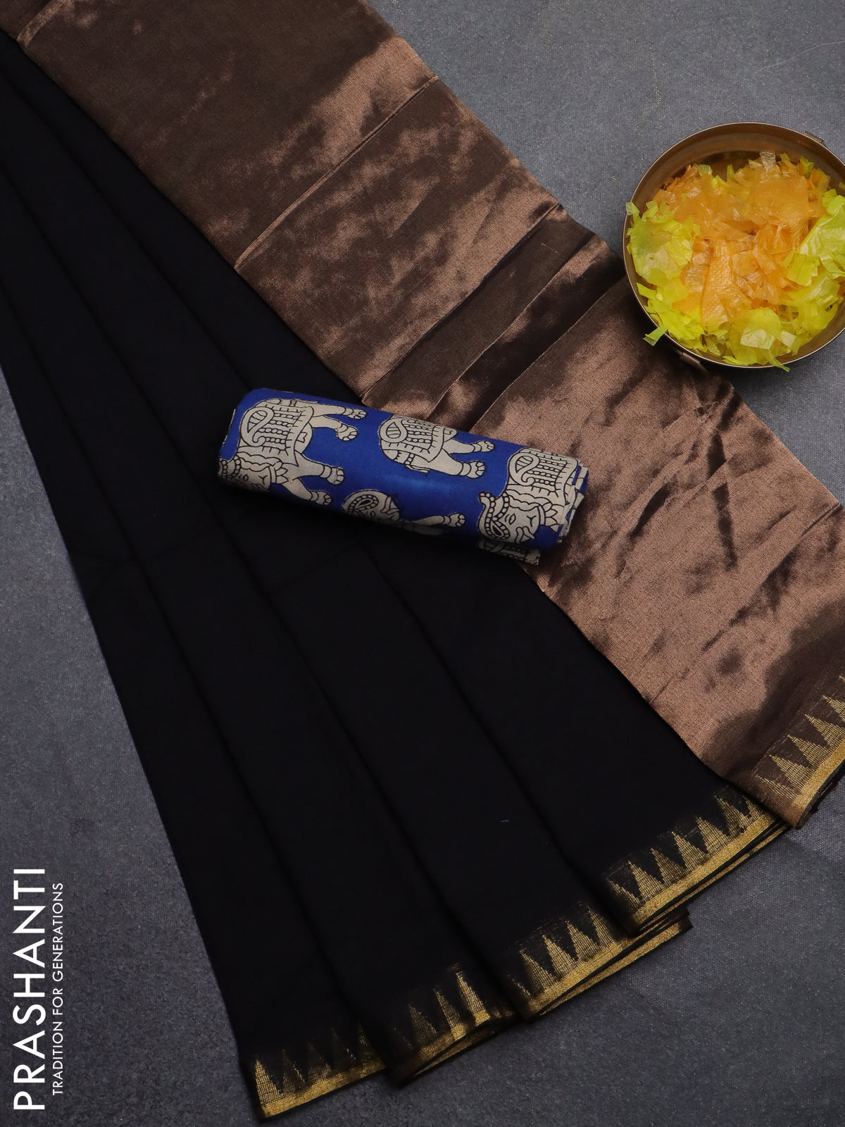 Bengal soft cotton saree black and blue with plain body and zari woven border