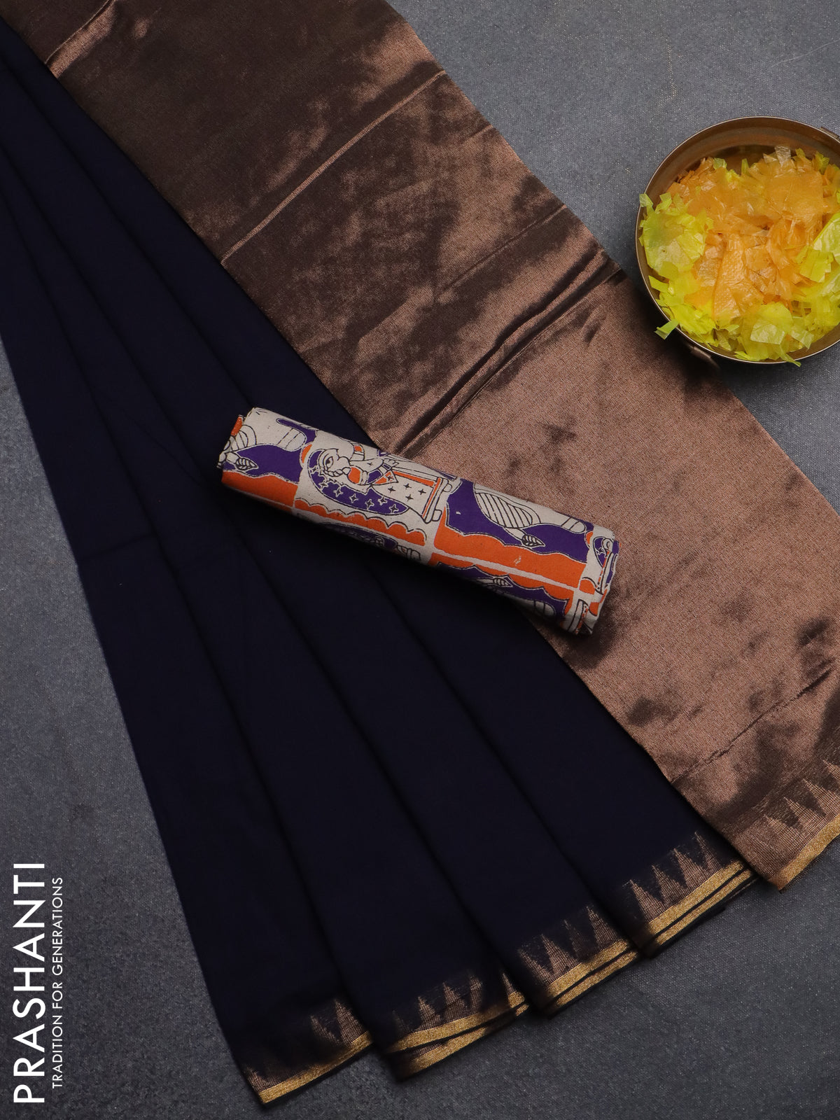 Bengal soft cotton saree navy blue and beige with plain body and zari woven border