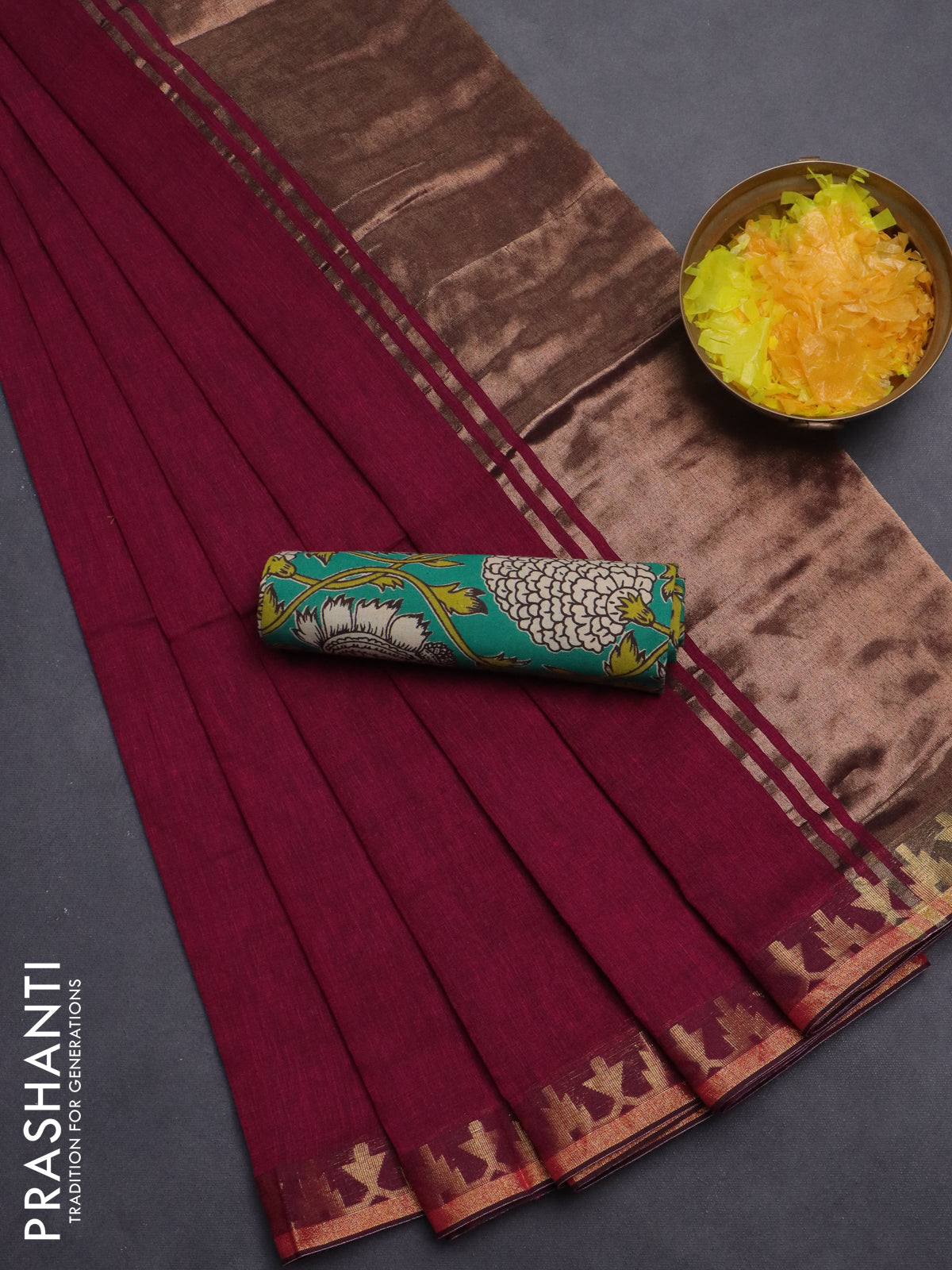 Bengal soft cotton saree magenta pink and teal green with plain body and zari woven border