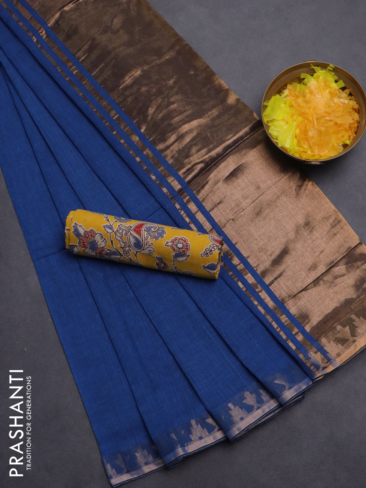 Bengal soft cotton saree cs blue and yellow with plain body and zari woven border