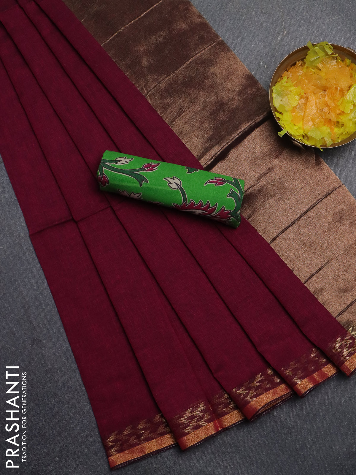Bengal soft cotton saree dark magenta pink and green with plain body and zari woven border