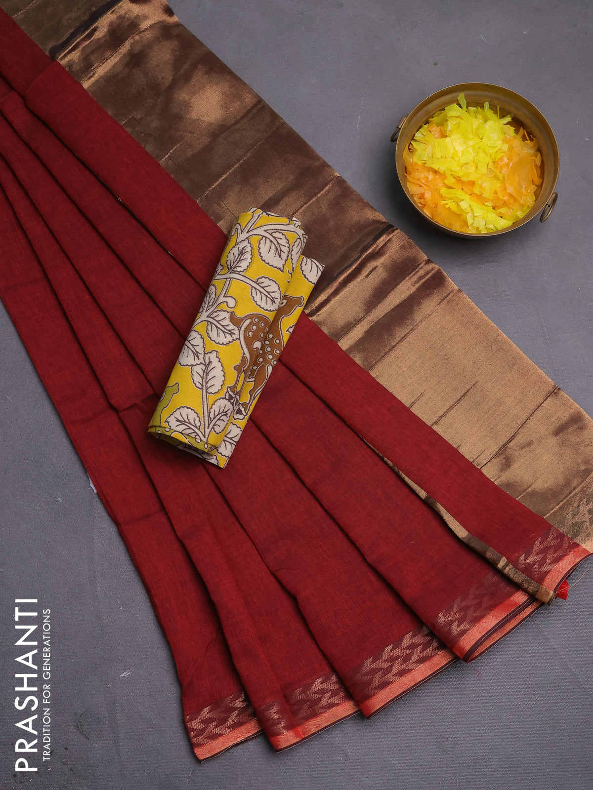 Bengal soft cotton saree maroon and yellow with plain body and zari woven border