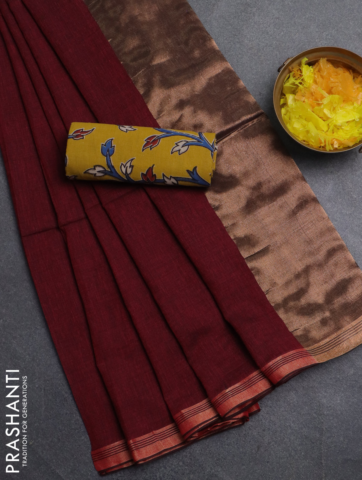 Bengal soft cotton saree maroon and yellow with plain body and zari woven border