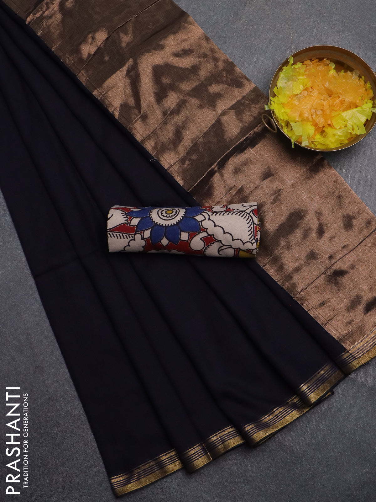 Bengal soft cotton saree navy blue and maroon with plain body and zari woven border