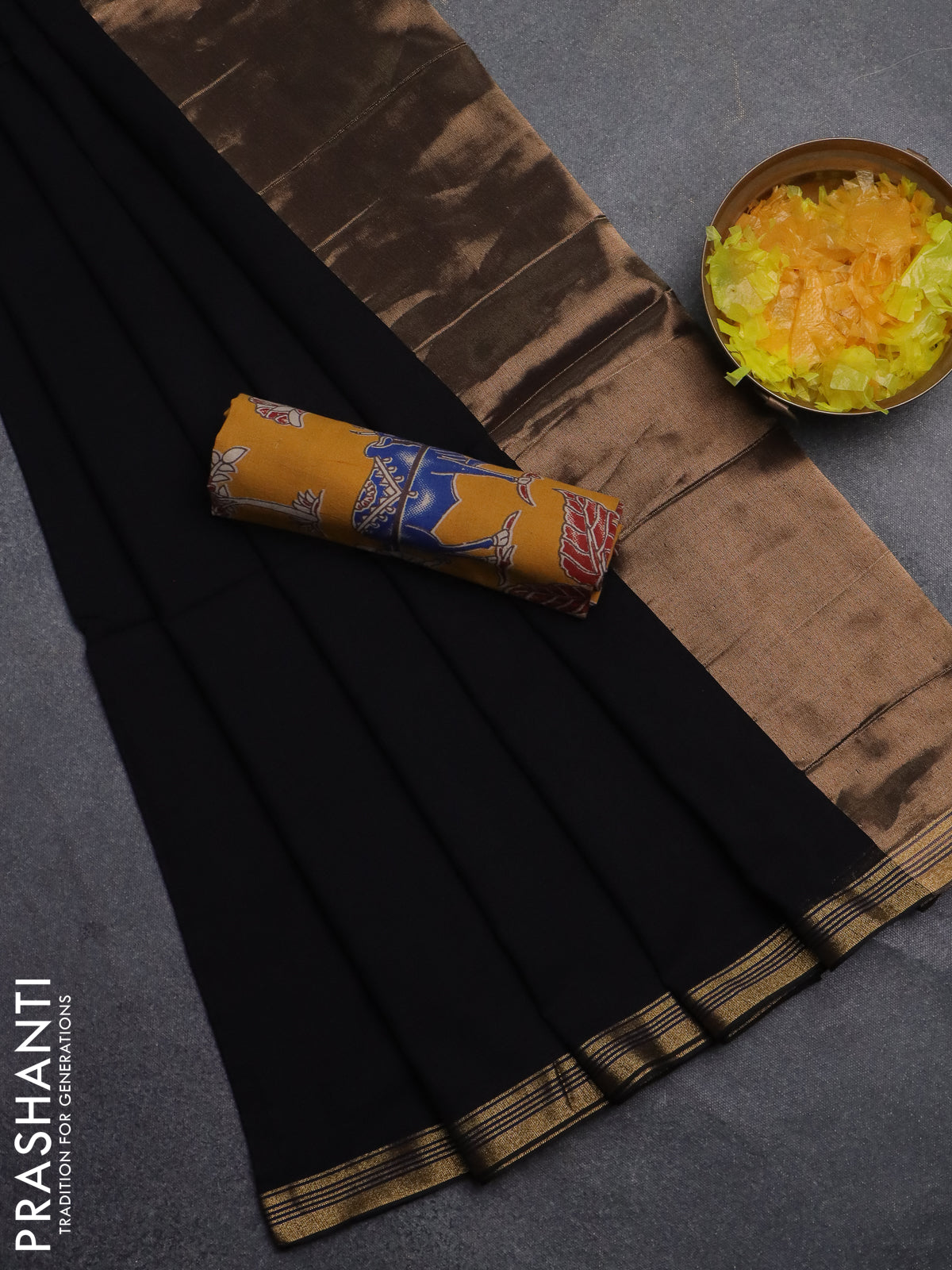 Bengal soft cotton saree black and mustard yellow with plain body and zari woven border