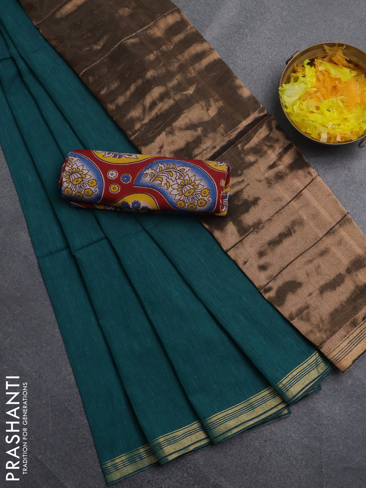 Bengal soft cotton saree teal green and maroon with plain body and zari woven border