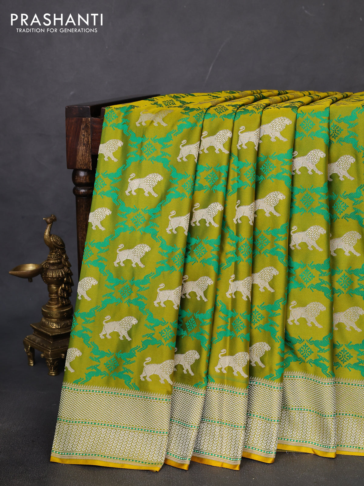 Banarasi semi mushru silk saree dual shade of lime yellow with allover thread weaves & buttas and zari woven border