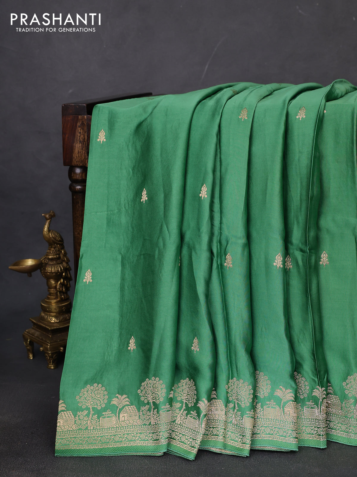 Banarasi semi mushru silk saree green with zari woven buttas and zari woven border
