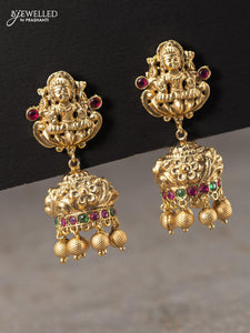 Antique jhumka lakshmi design with kemp stone and golden beads hangings