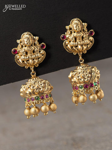 Antique jhumka lakshmi design with kemp stone and golden beads hangings