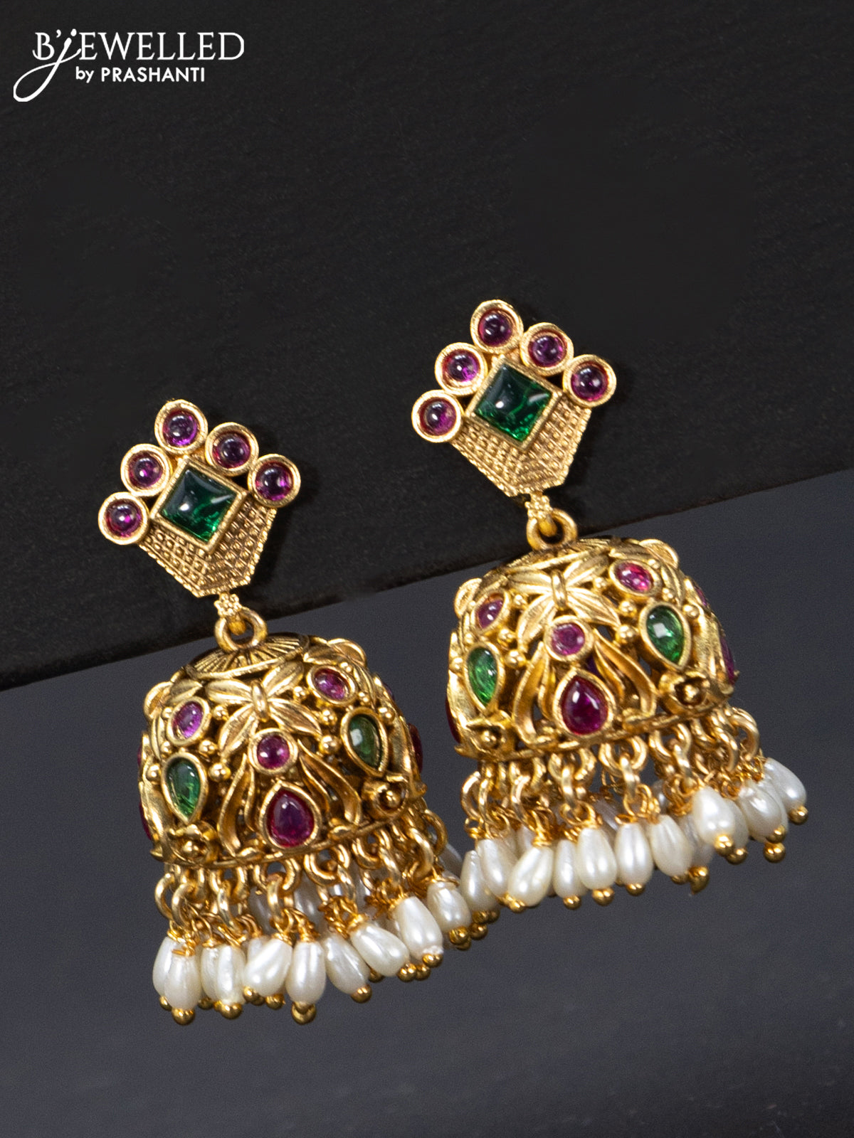 Antique jhumka with kemp stones and pearl hangings