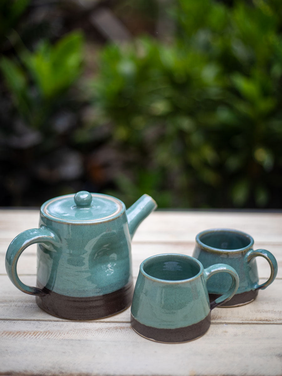 Turquoise Fall Hand-Thrown Dimpled Ceramic Tea Pot Set