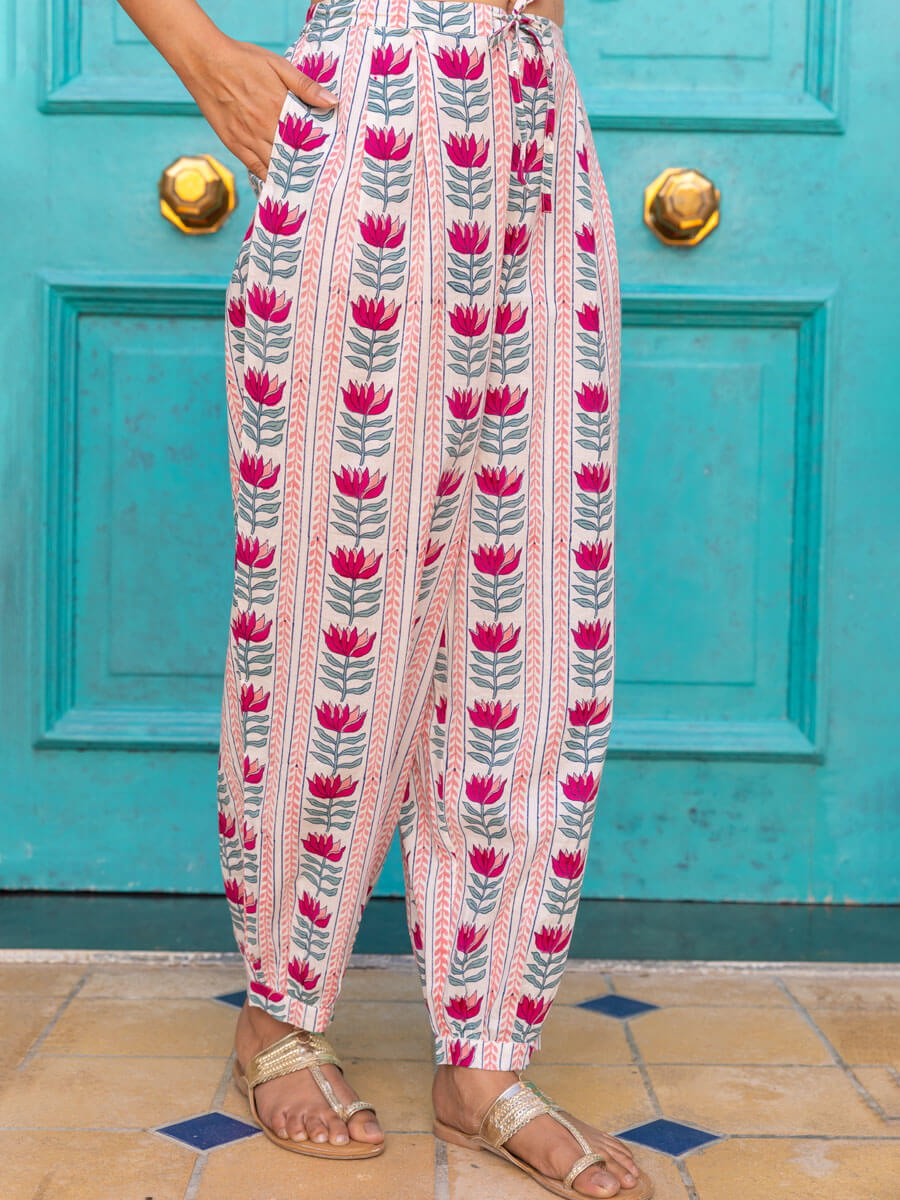 Pink Lotus Cotton Hand Block Printed Lantern Pants