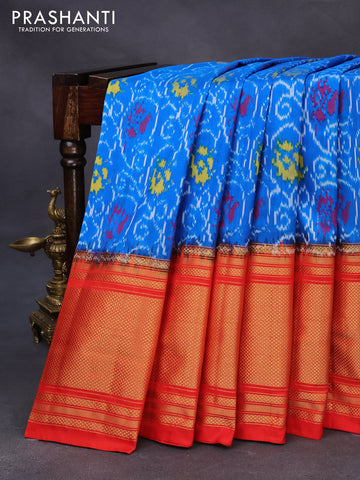 Pochampally silk saree cs blue and orange with allover ikat weaves and long zari woven border