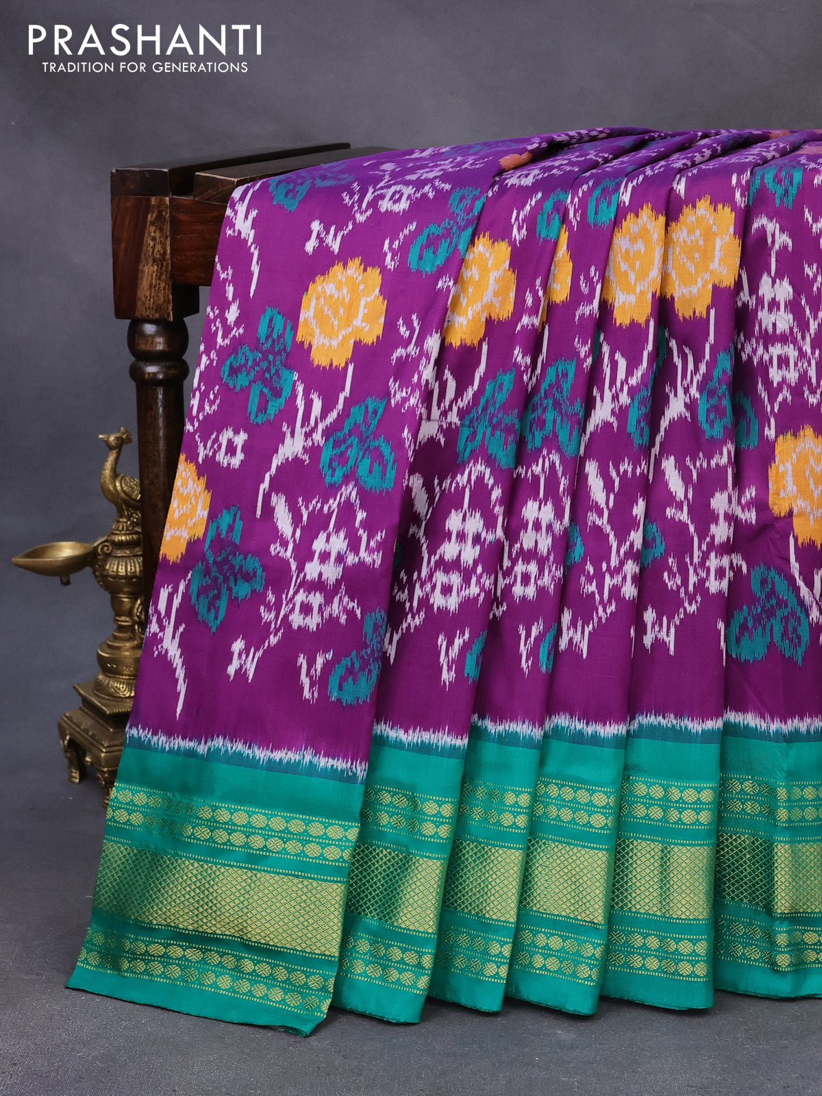 Pochampally silk saree purple and teal green with allover ikat weaves and rich zari woven border