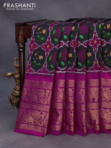 Pochampally silk saree black and pink with allover ikat weaves and long annam & elephant zari woven border