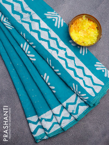 Batik cotton saree teal shade with allover sequin work & batik butta prints and printed lace work border