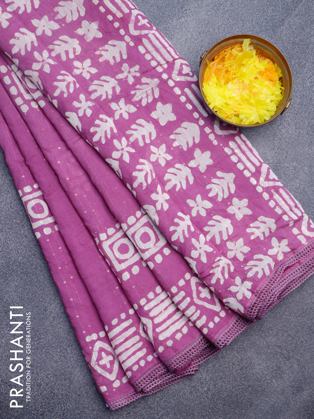 Batik cotton saree mild purple with allover sequin work & batik butta prints and printed lace work border