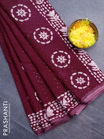 Batik cotton saree wine shade with allover sequin work & batik butta prints and printed lace work border