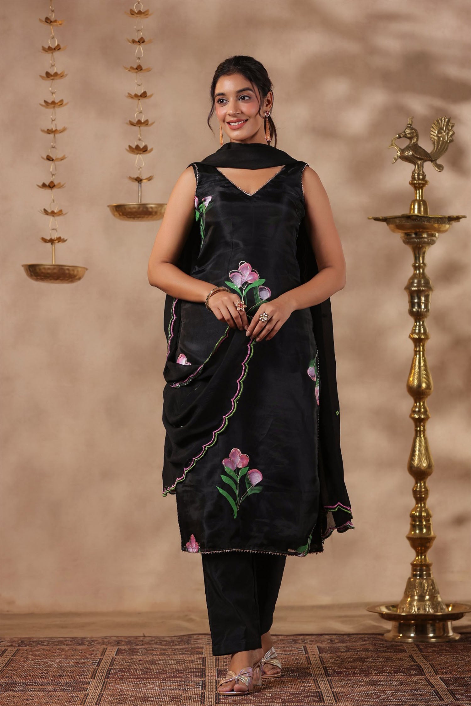 Black Organza Floral Painted Kurti Set