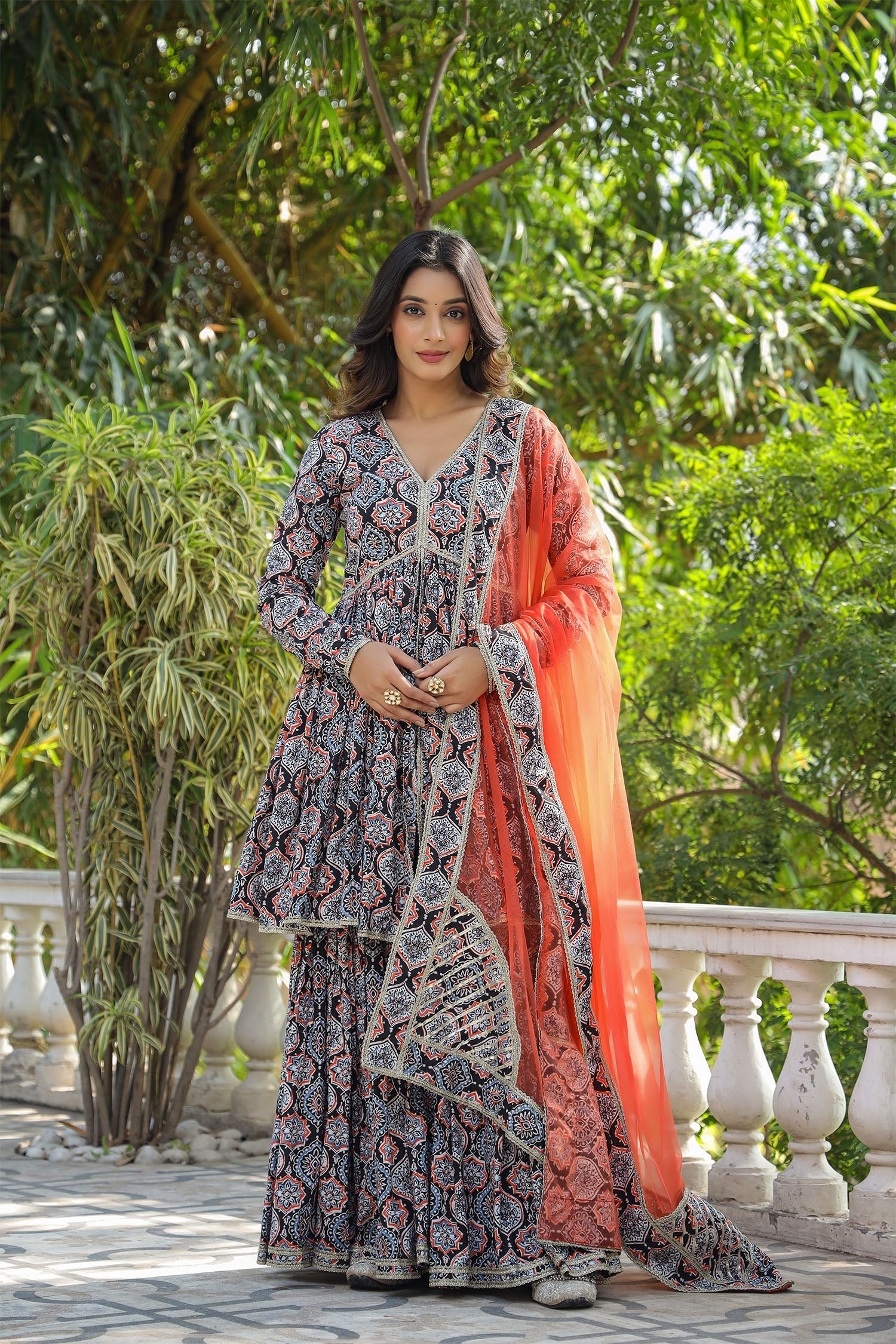 Black Cotton Floral Printed Gharara Set