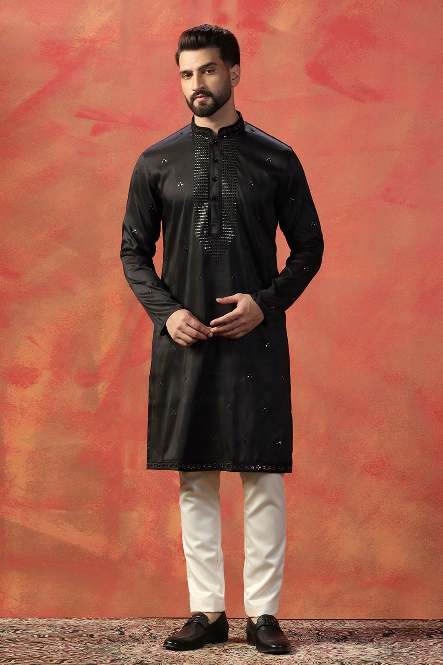 Black Silk Blend Designer Neckline Kurta Set