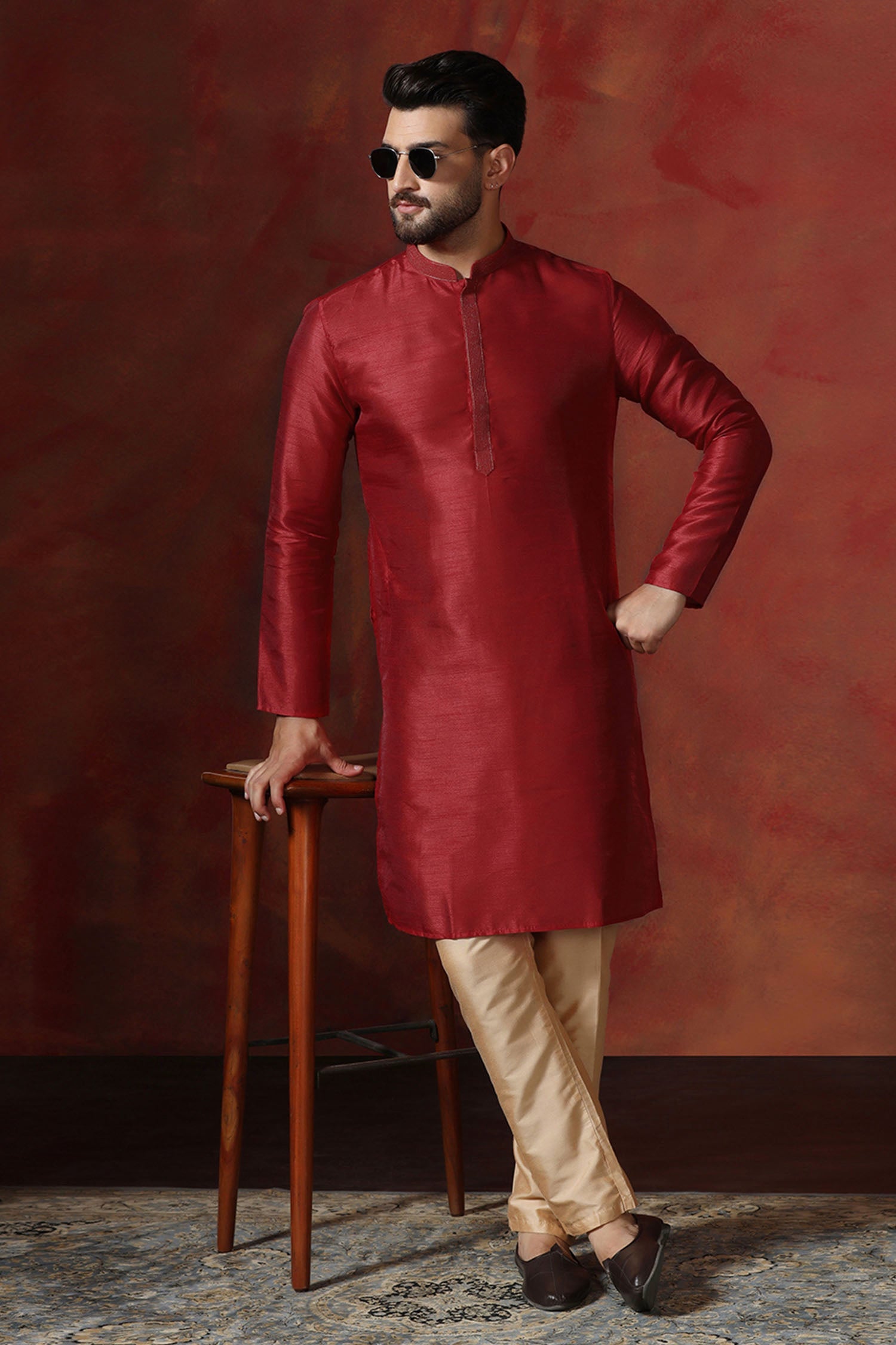 Bright Red Solid Dupion Kurta Set