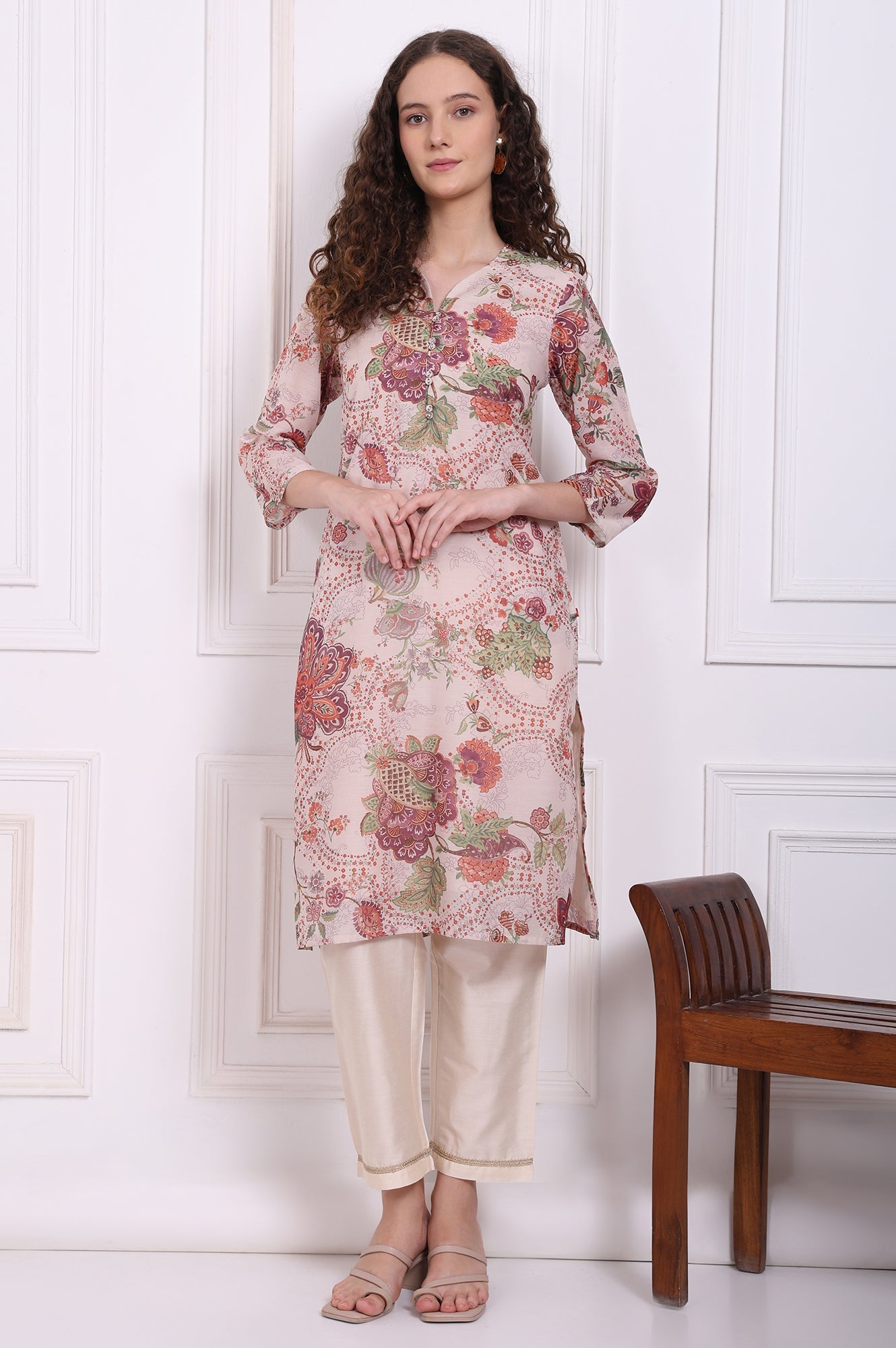 Beige Floral Printed Chanderi Straight Kurta