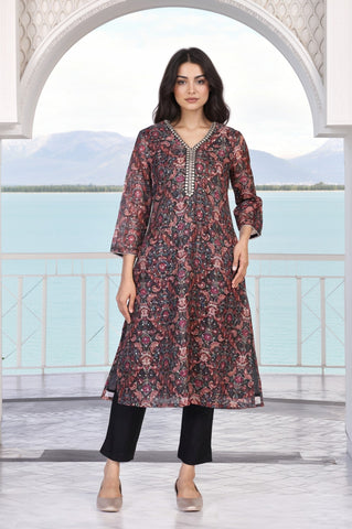 Black Floral Print Metallic Embroidery Straight Kota Kurta
