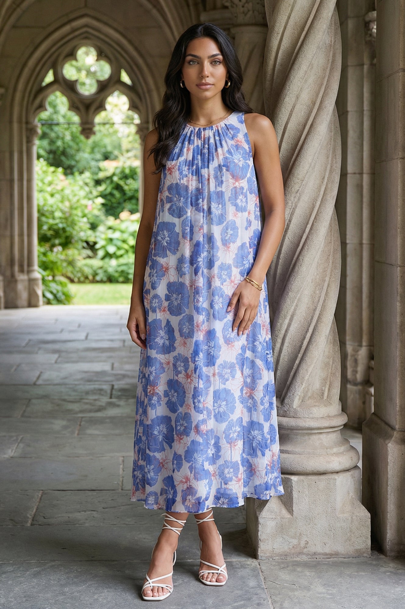 Blue Floral Printed Sleeveless Chiffon A-line Dress
