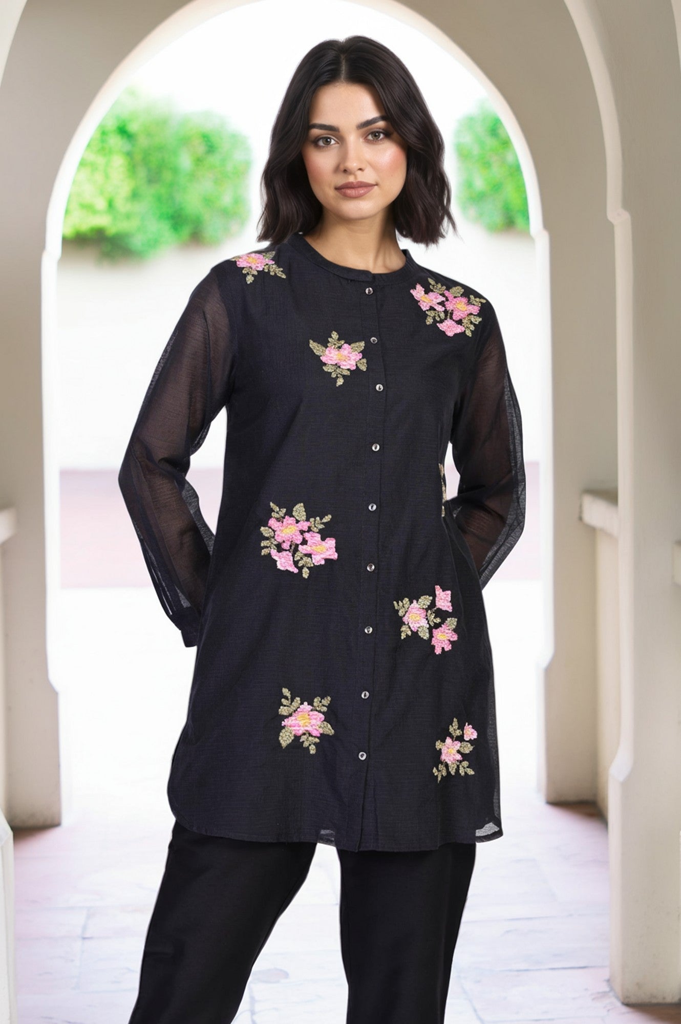 Black Embroidered Floral Thread Work Straight Kota Tunic