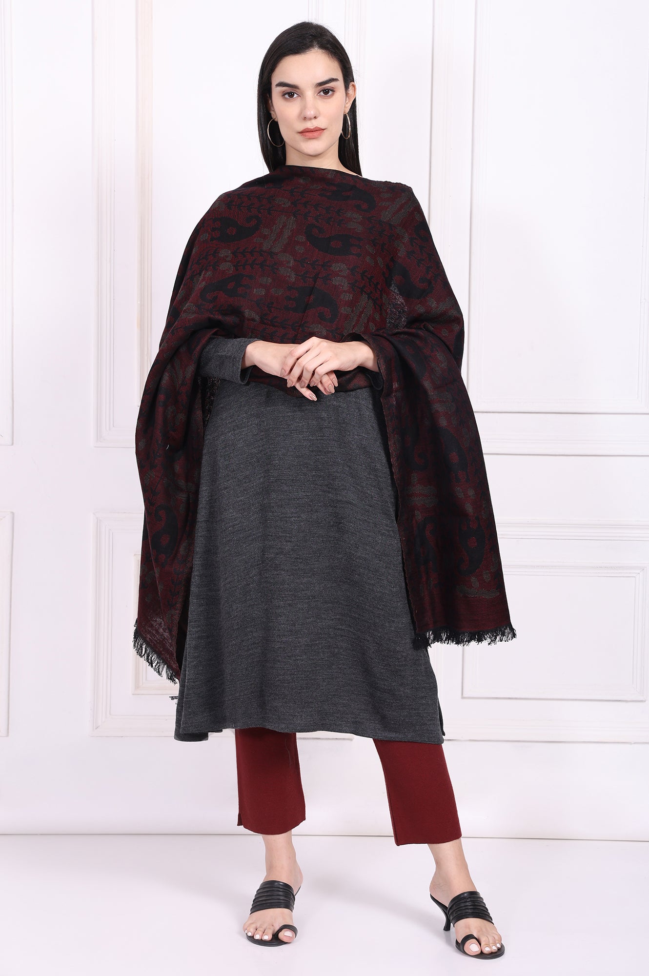 Black Ethnic Motifs Paisley Cotton Shawl