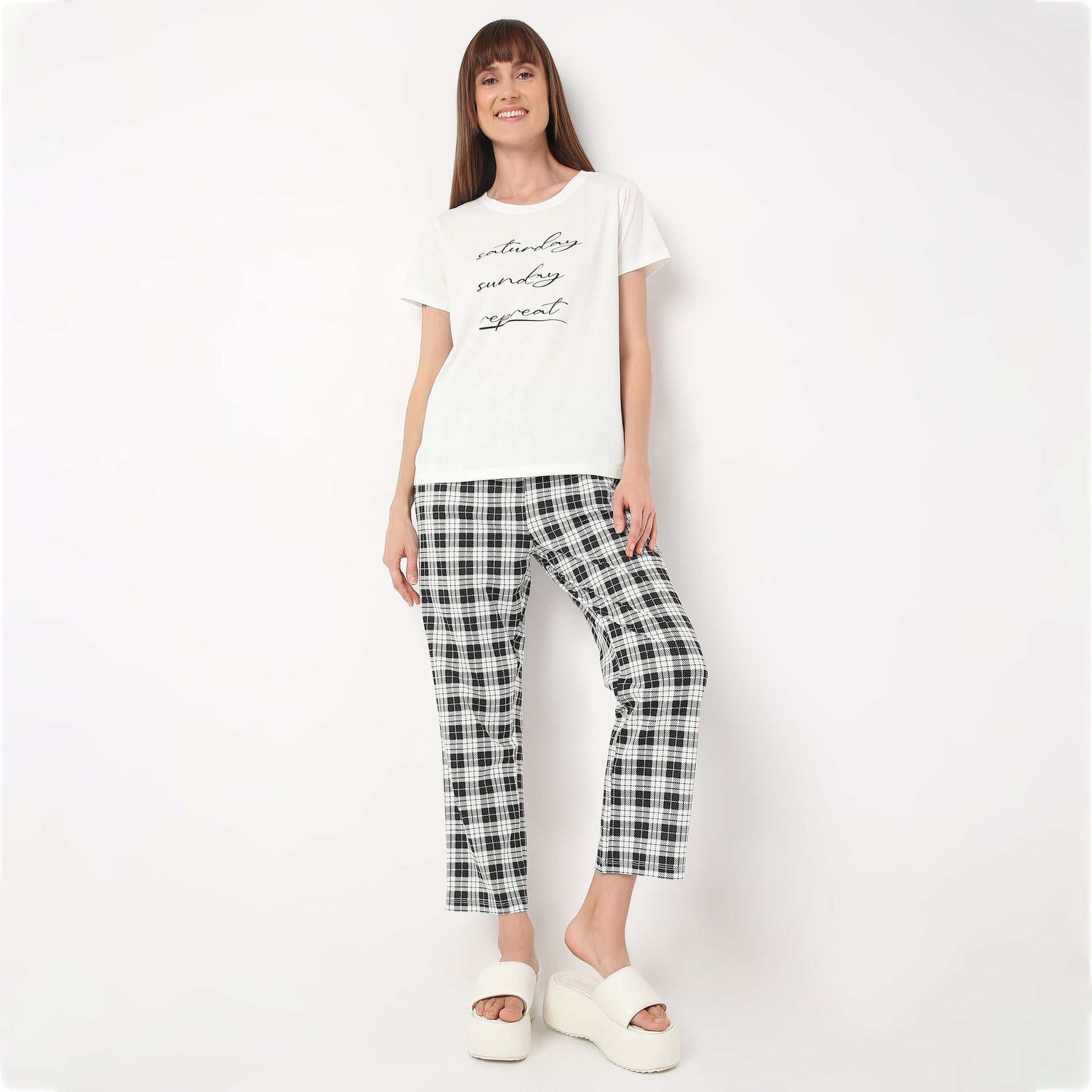 Ankle Length Straight Fit Checkered Lounge Pyjamas