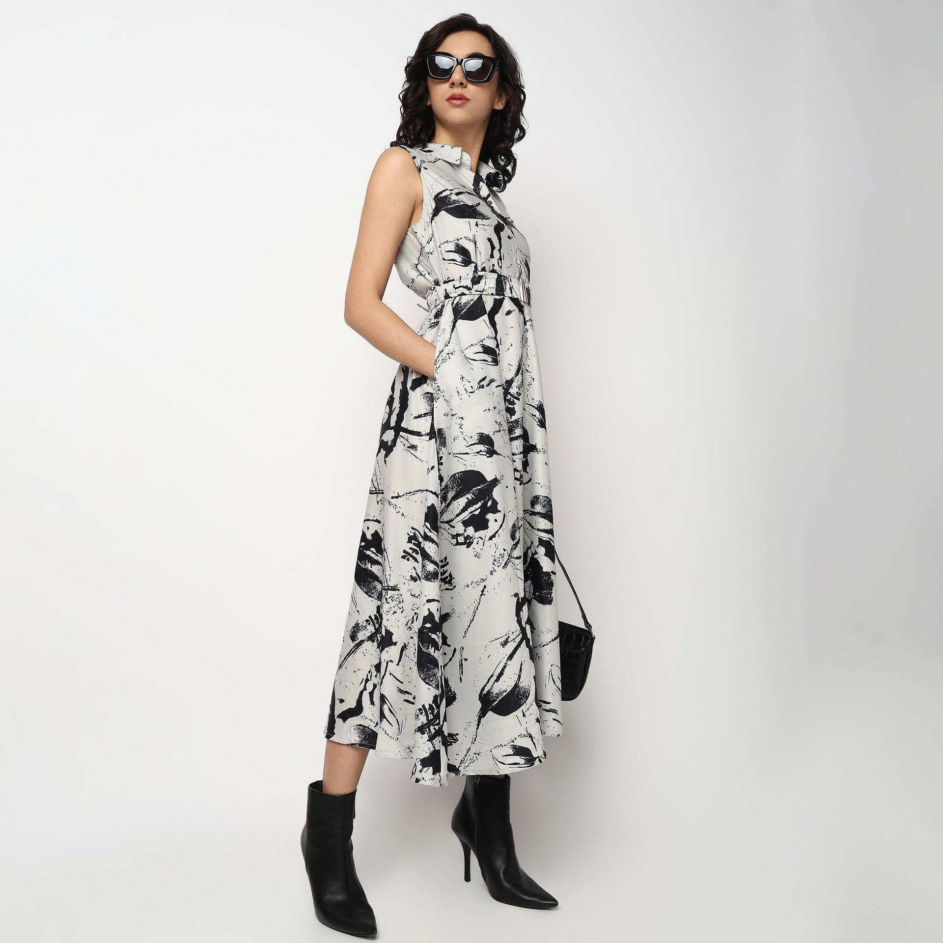 Abstract Print Shirt Collar Dress with Belt