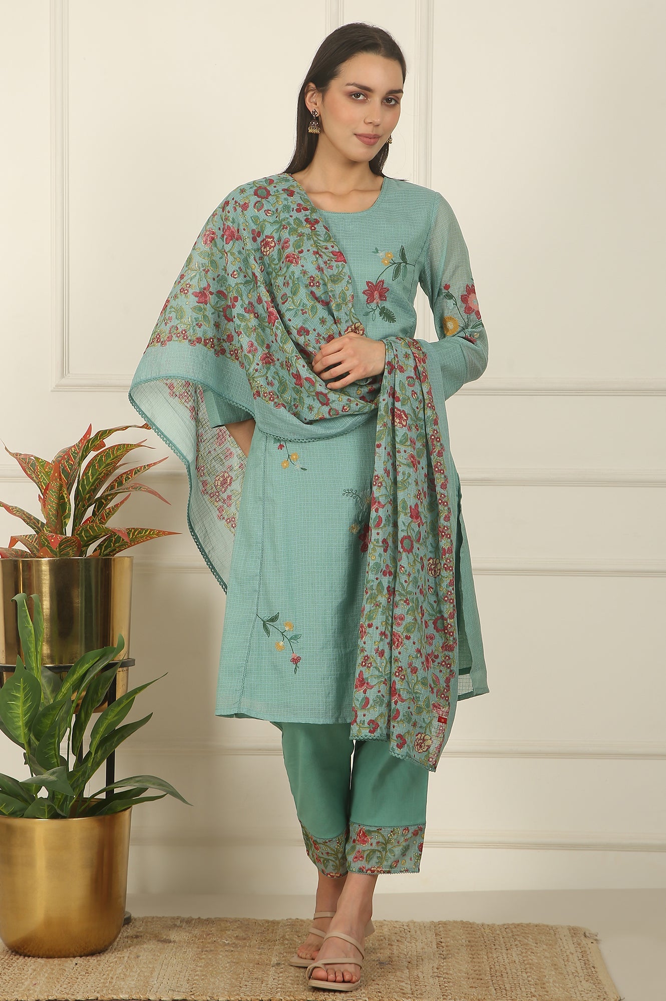 Blue Ari Embroidered Panelled Kurta, Straight Pants and Dupatta Set