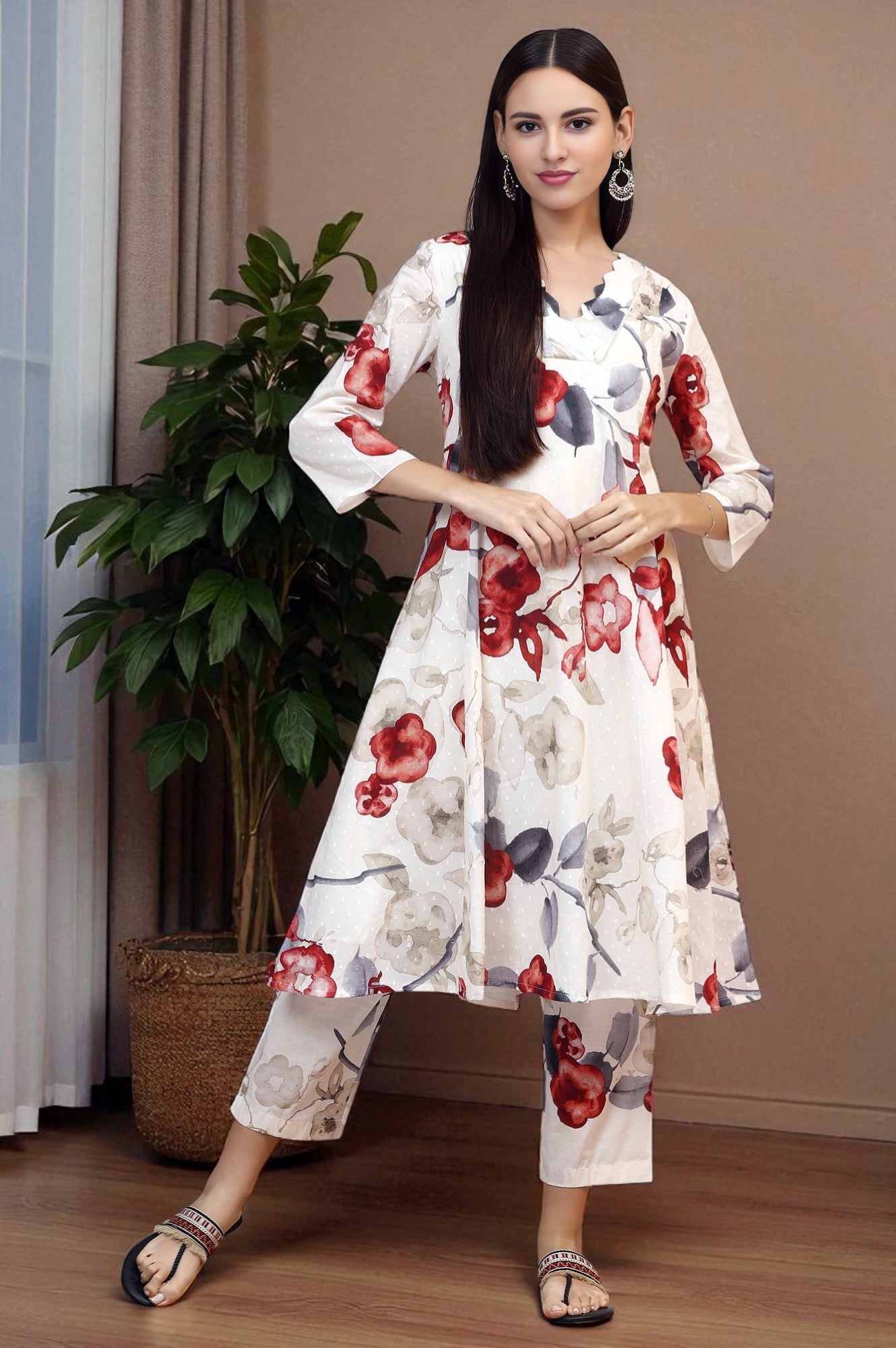 White Bold Floral Printed Pure Cotton Swiss Dot Flared Kurta and Pants Co-ord Set