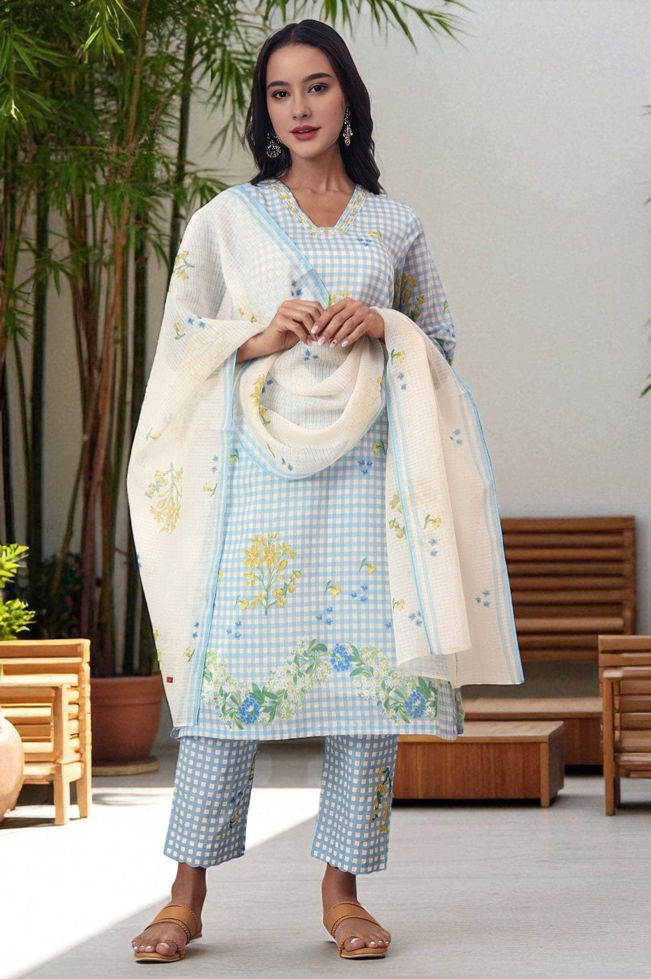 Blue Checker Chanderi Straight Kurta, Pants and Dupatta Set