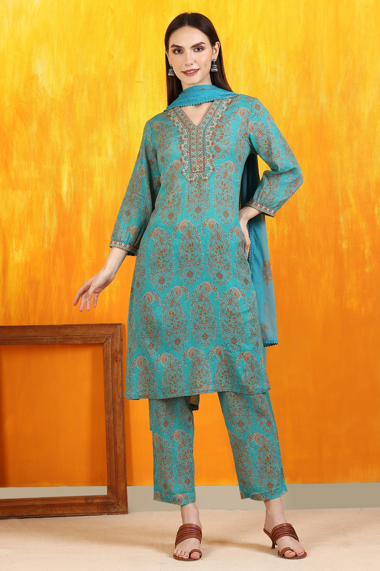 Aqua Green Paisley Printed Cotton Crepe Straight Kurta and Pants Set with Dupatta
