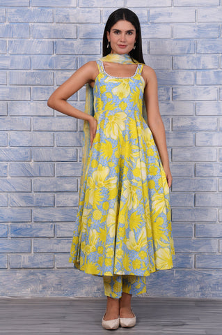 Blue Floral Printed Lace Pure Cotton Flared Kurta, Straight Pant And Dupatta Set