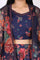 Navy Blue Floral Printed Embroidered Crop Top with Organza Jacket and Skirt Set