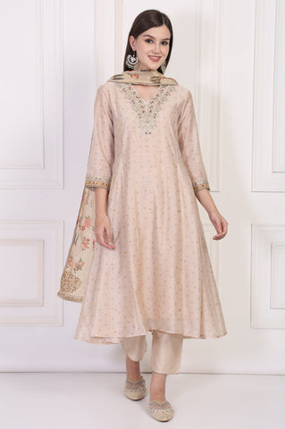 Beige Embroidered A-Line Chanderi Kurta with Straight Pant and Dupatta Set