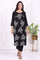 Black Floral Printed Embroidered Rayon Straight Kurta and Pants Set