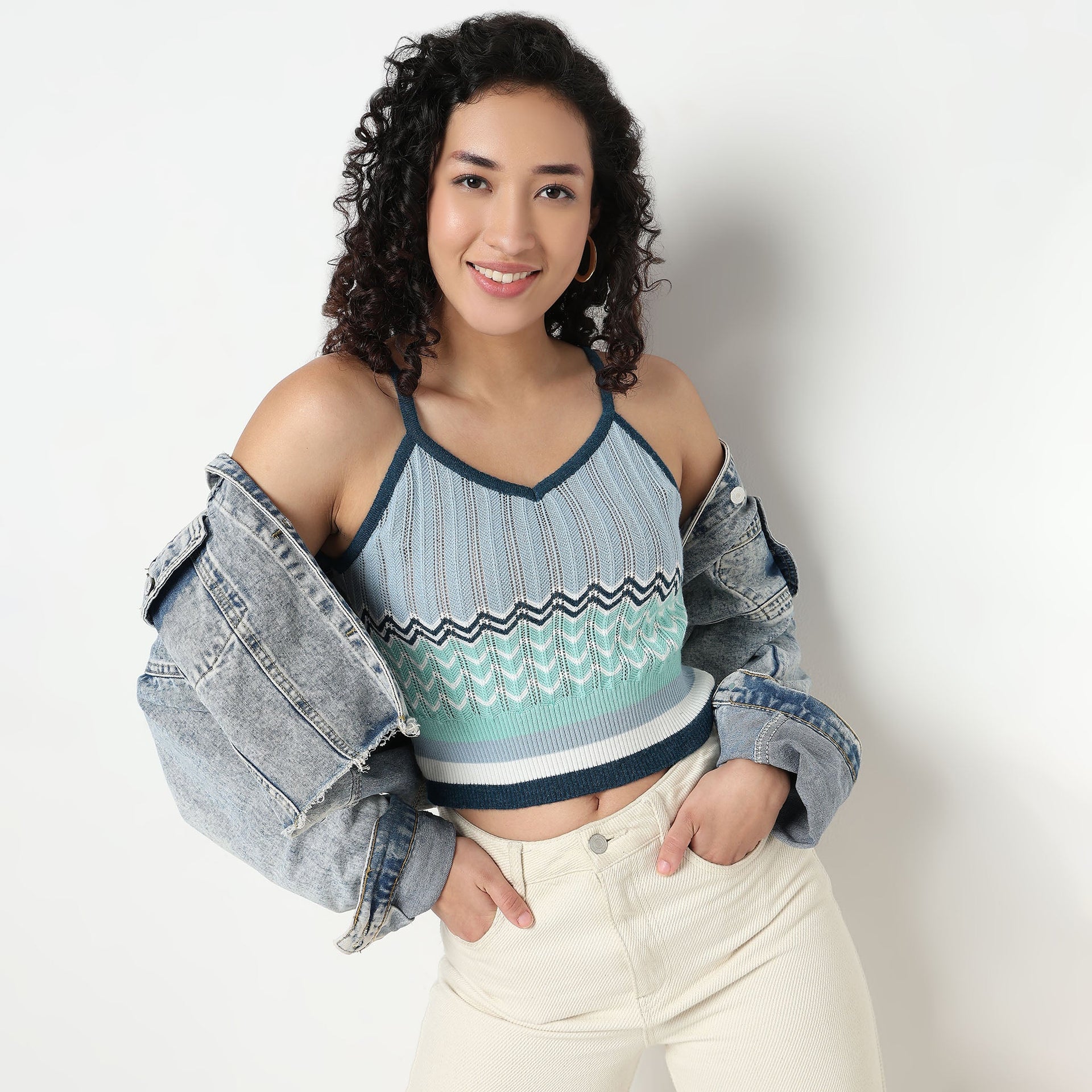 Chevron V-Neck Cropped T-Shirt
