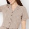 Checkered Lapel Collar Short Sleeve Crop Shirt