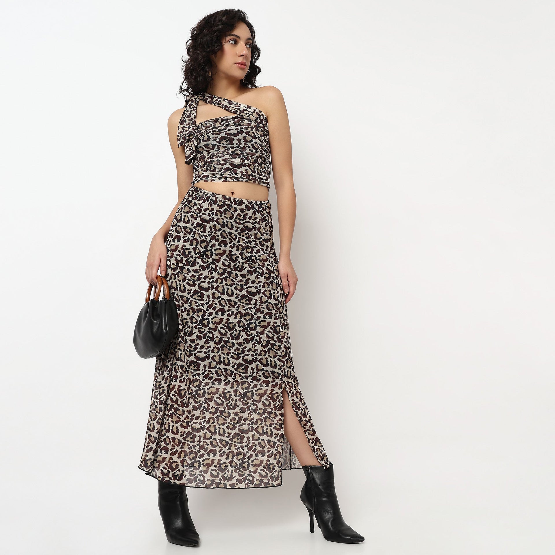 Animal Print Tube Top With Side Ruching And Strap Around The Neck