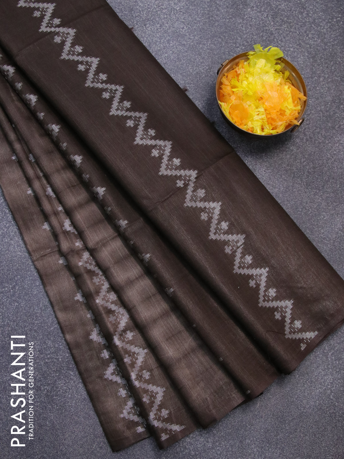 Bamboo silk saree brown shade and dark coffee brown with allover tie & dye prints & thread weaves in borderless style